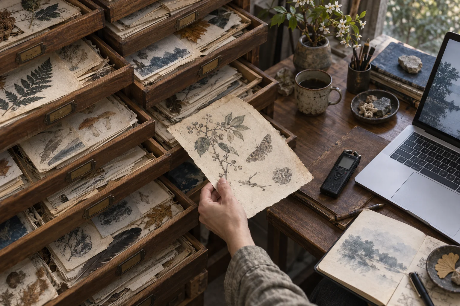 A person retrieves an old observation from an archive drawer and brings it into current work beside a laptop and voice recorder.