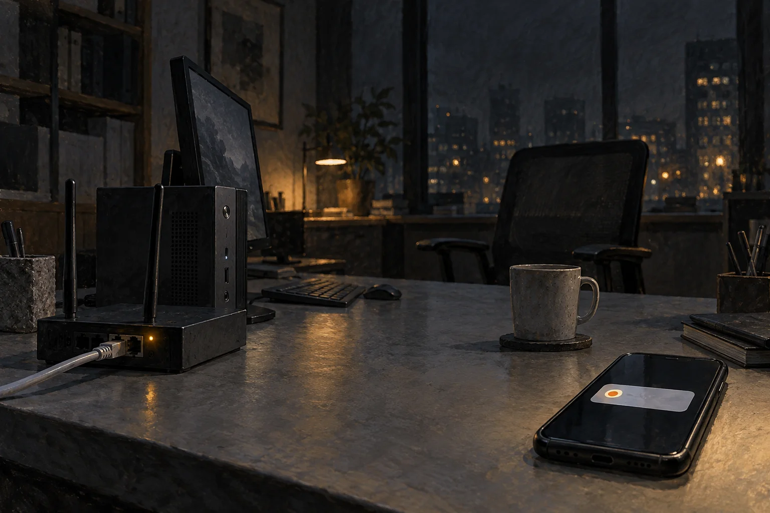 A connected computer sits in an empty office at night, with a lit phone near the desk edge.
