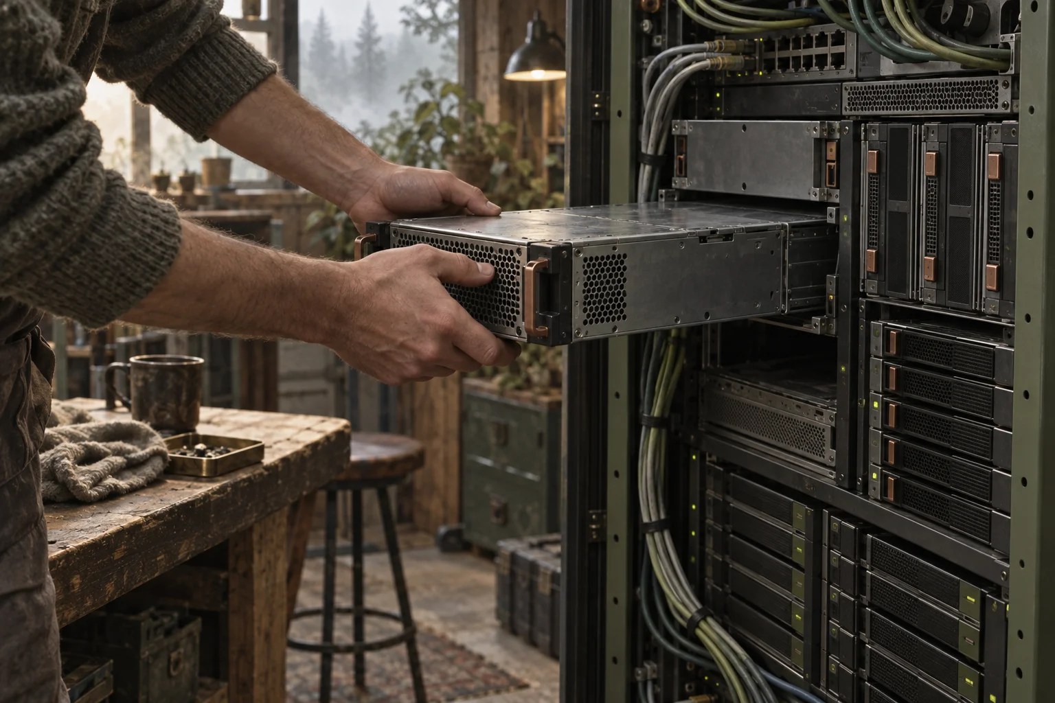 Hands replace one compute module while a small system's storage, wiring and chassis remain in place.