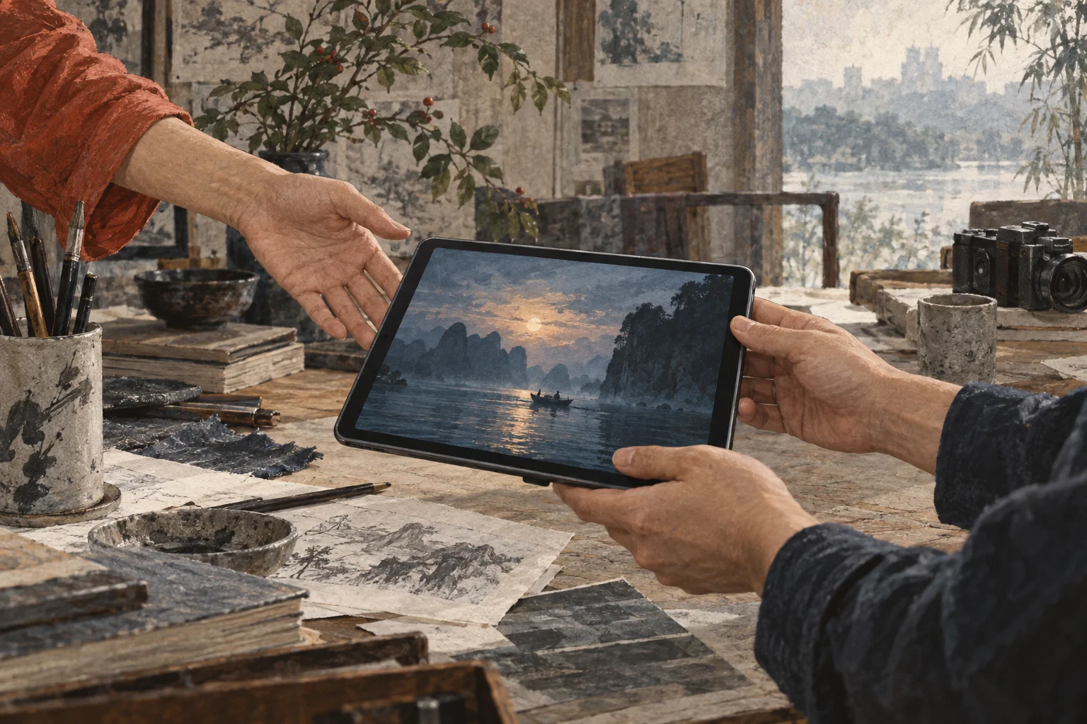 A finished visual piece on a tablet passes from its maker into another person’s hands.