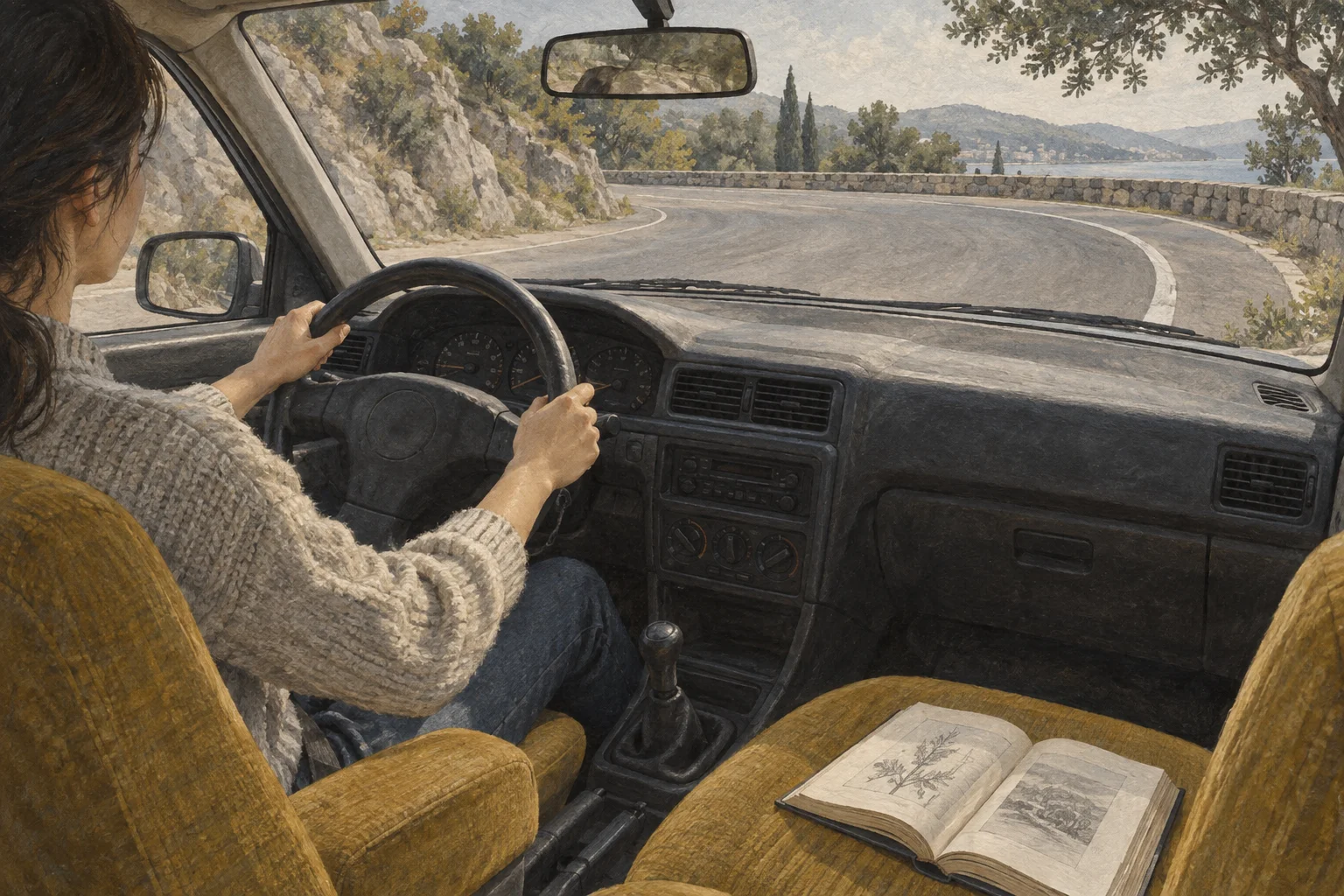 A learner steers through a quiet bend while a technical book rests on the passenger seat.