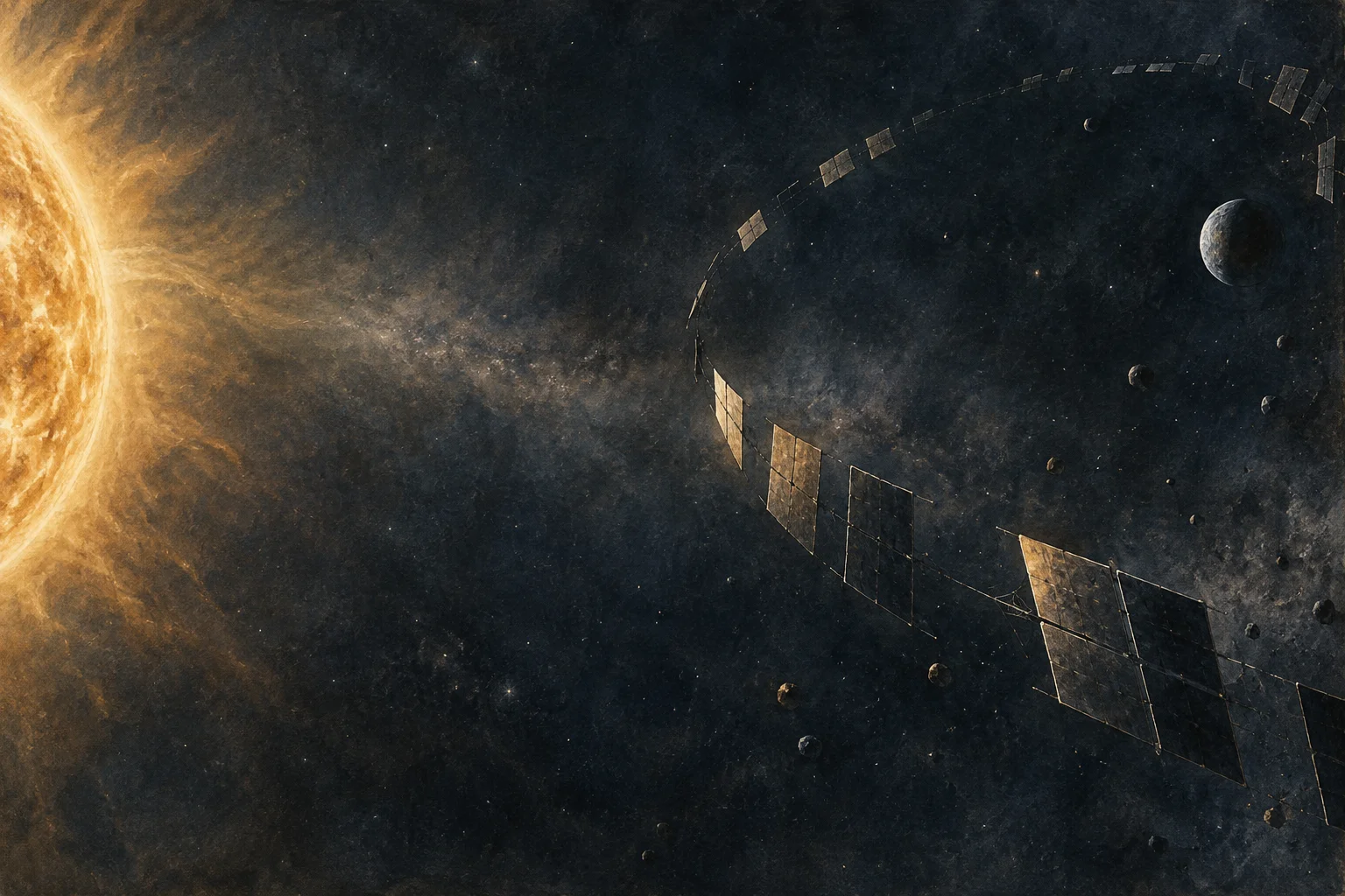 An incomplete arc of collector panels catches part of the light from an off-center star.