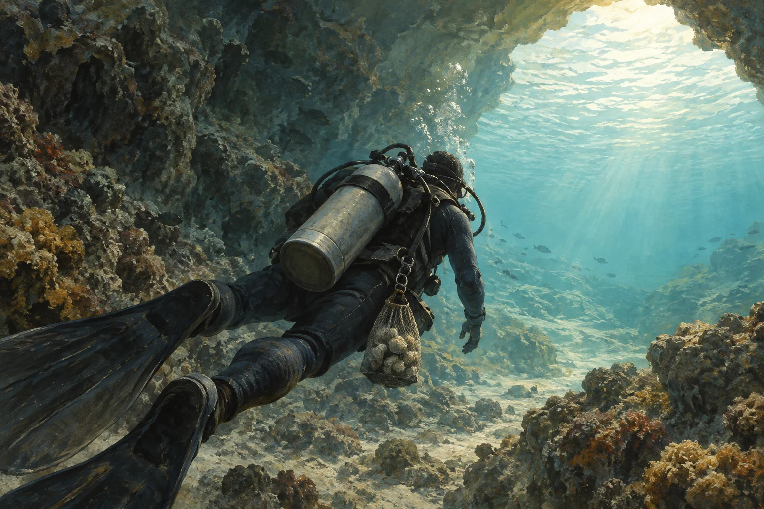 A survey diver carrying a small sample pouch returns toward daylight with an air cylinder visible on their back.