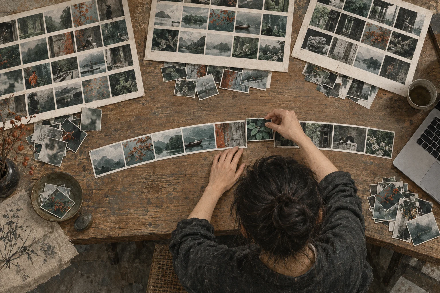 An editor combines selected fragments from several drafts into a single storyboard.