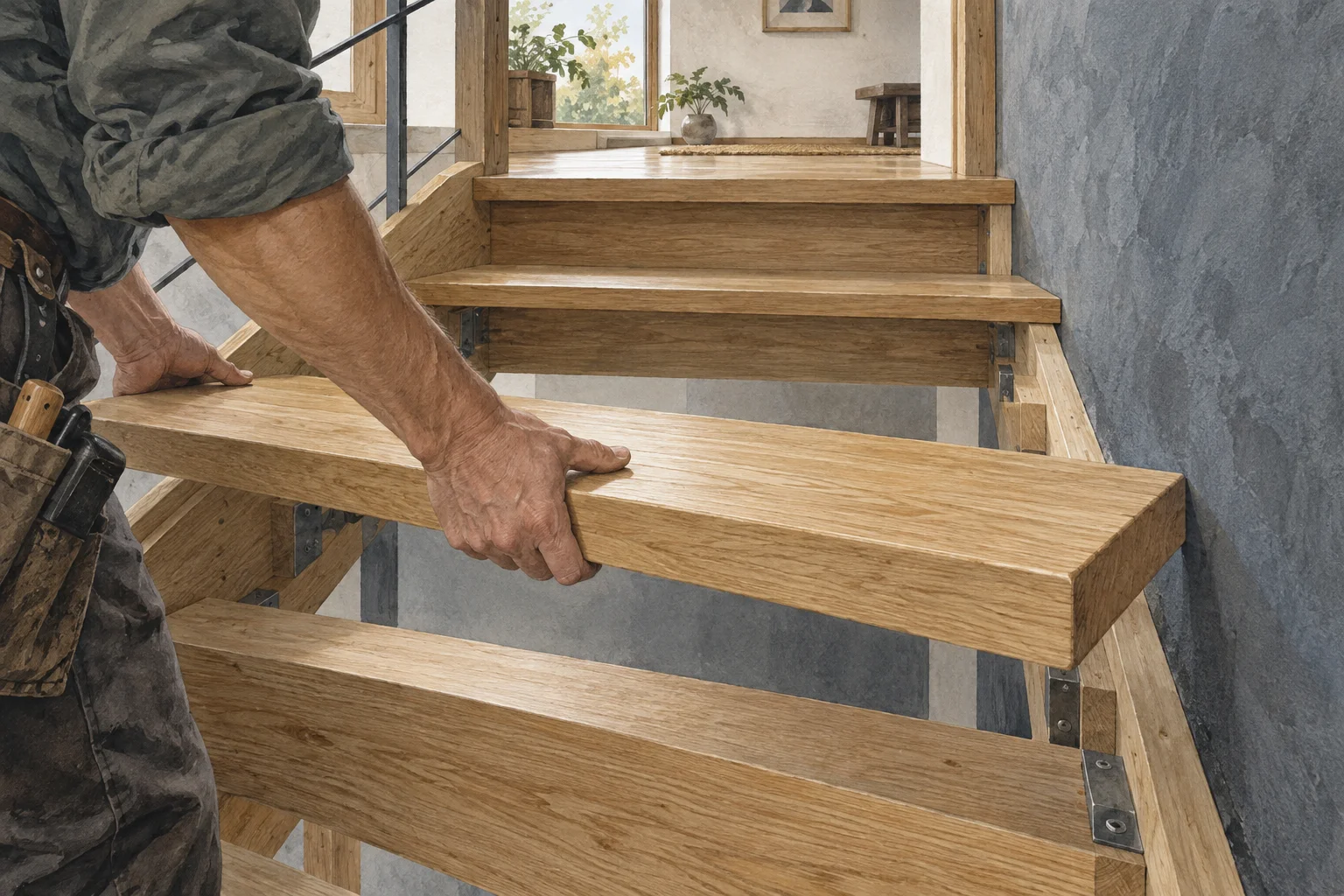 A builder fits the next tread of a short staircase whose destination and supports are visible.