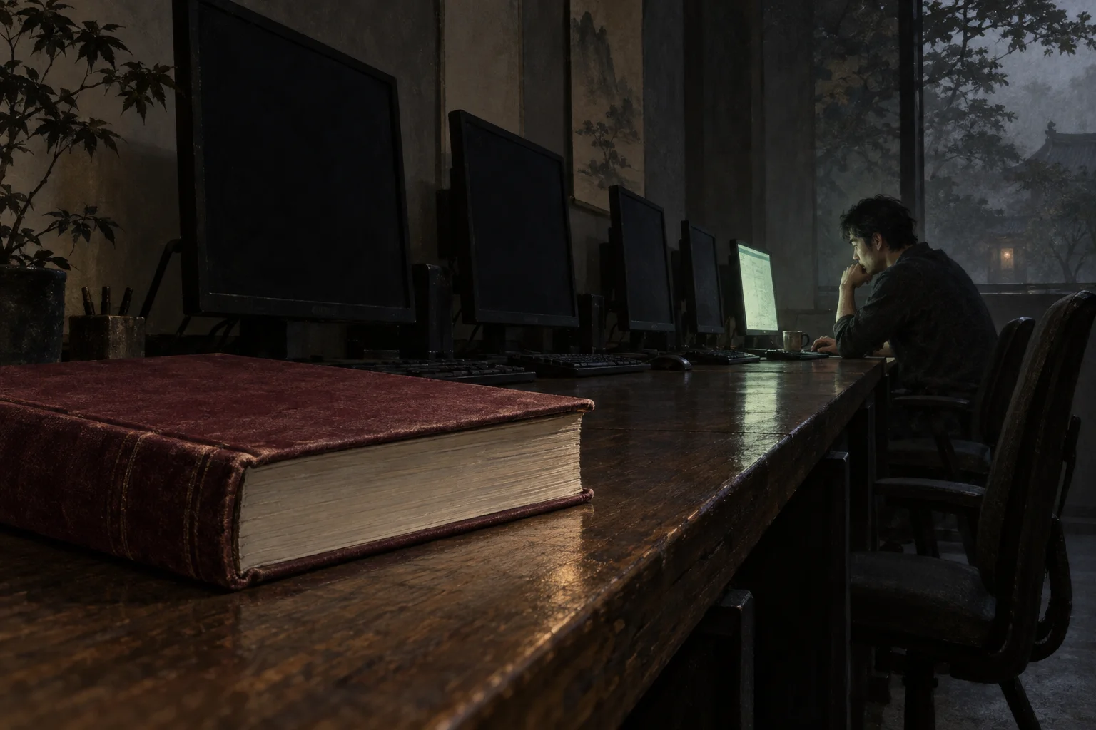 A closed programming book lies in the foreground while someone rebuilds a program from memory farther down a computer-lab bench.