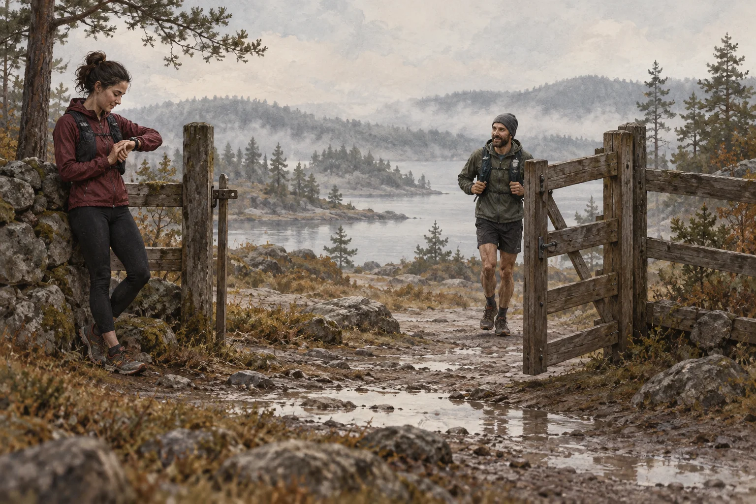 One person waits at an open trailhead gate as another arrives.