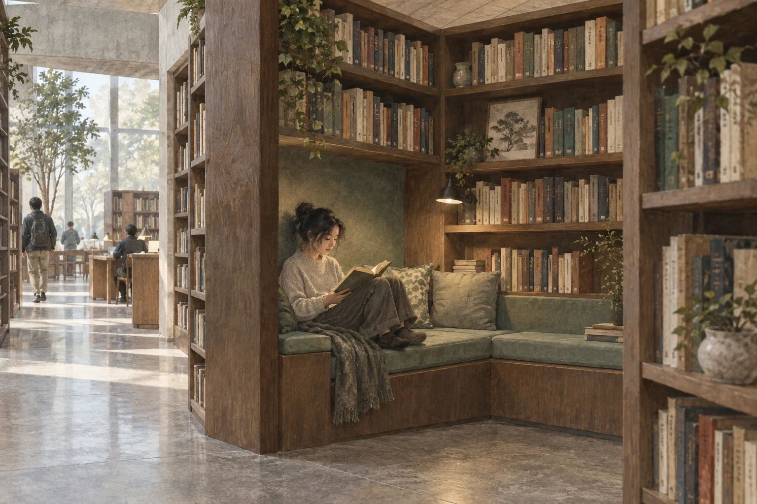 A reader occupies a quiet library alcove whose open entrance connects to the surrounding aisle.