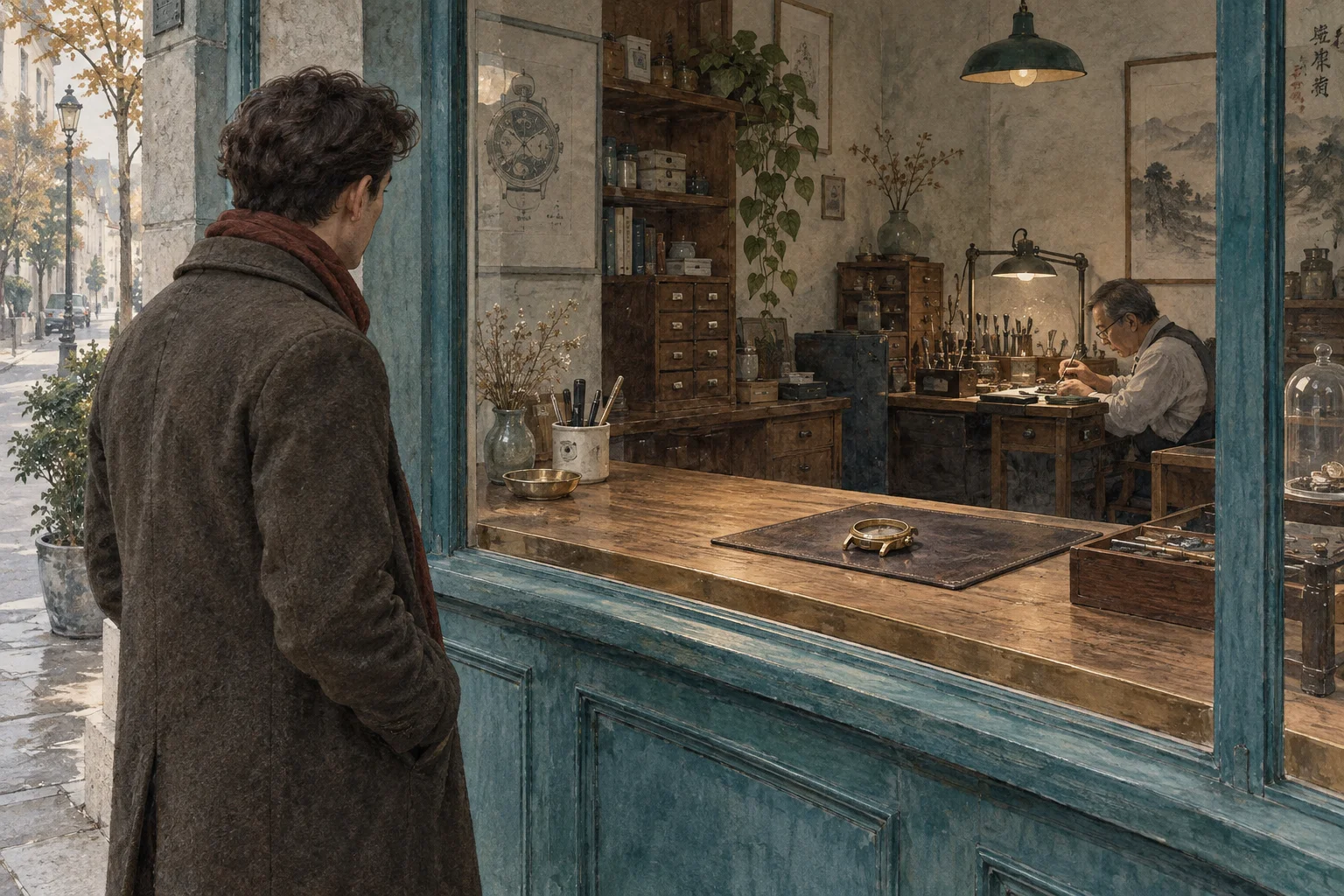 A customer waits outside a watch repair shop while a craftsperson works at a bench inside.