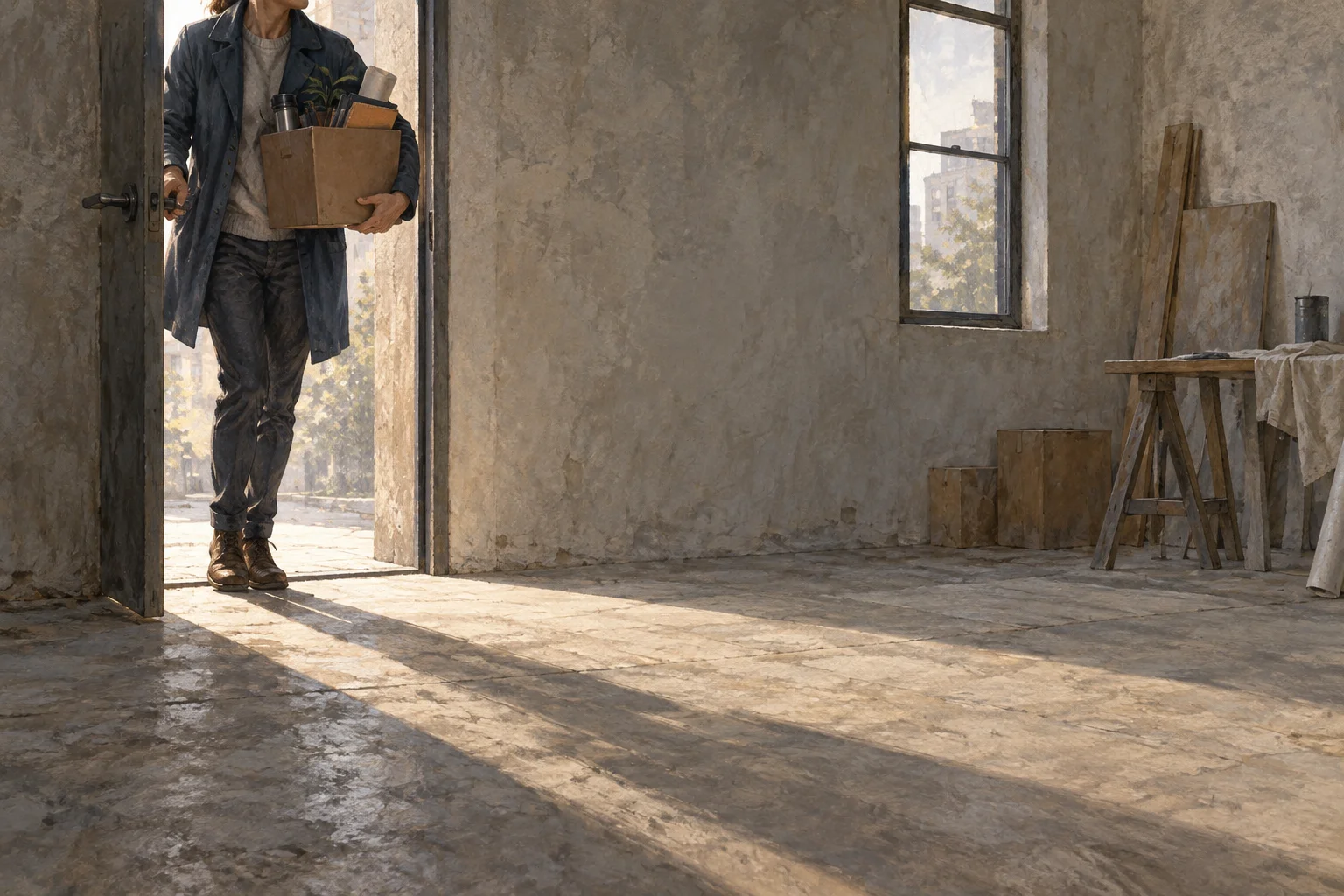 A person carries a small box into an unfinished workspace, pausing with a hand on the door.