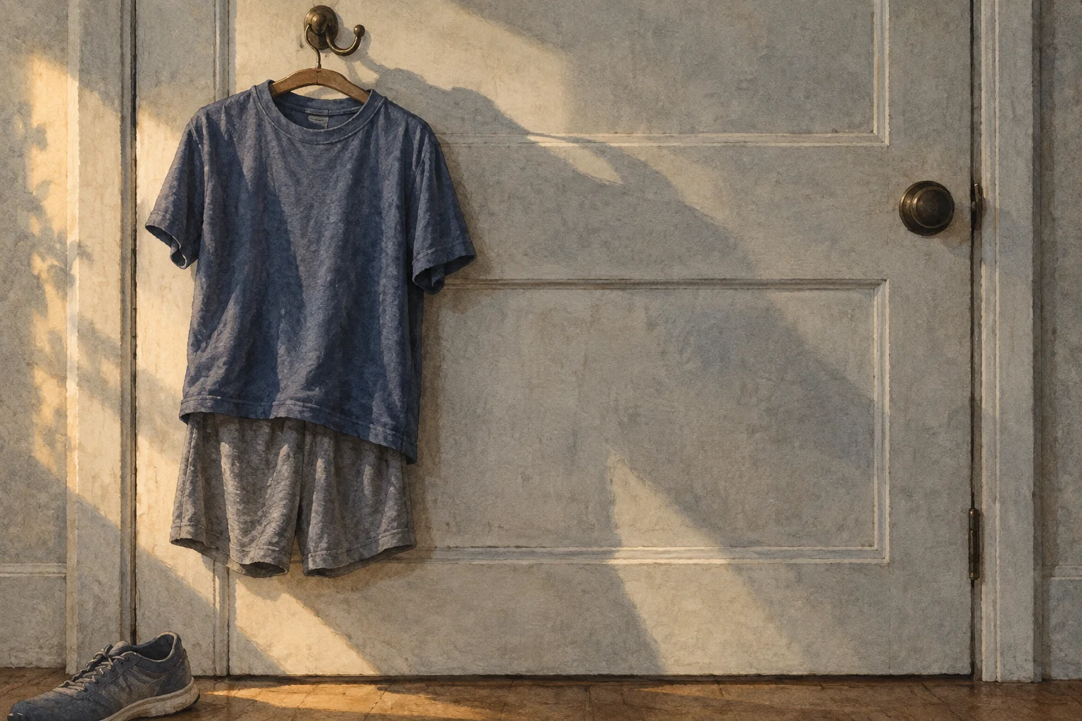Training clothes hanging ready on a door hook above a waiting shoe.