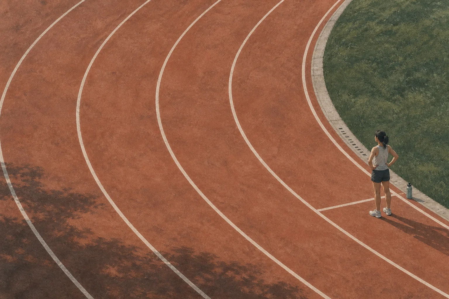 A small runner pauses beside a bottle at a track line between running intervals.