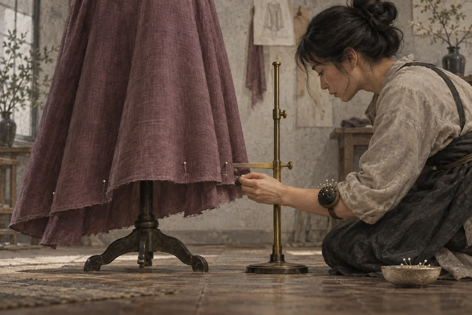 A tailor checks an uneven hem against a fixed gauge before pinning a correction.