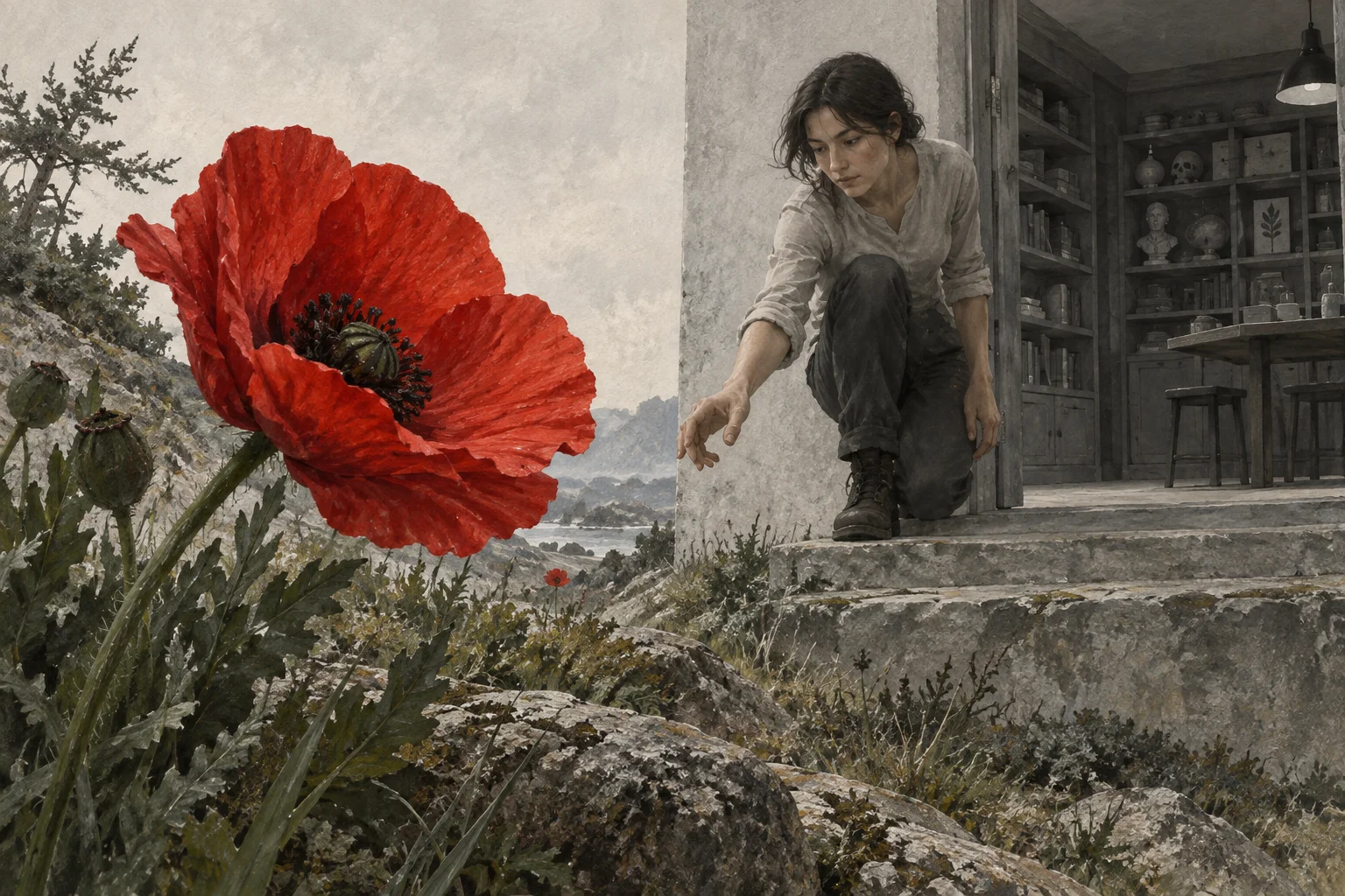 A person emerges from a grey reference room toward a vivid red flower.