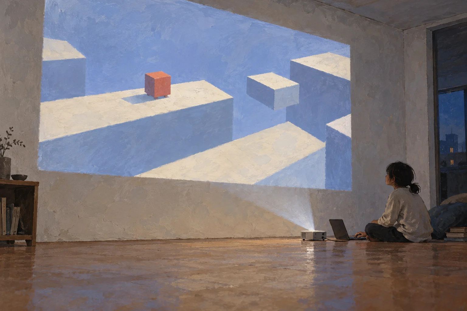 A young maker controls a simple block game on a laptop while its playable world is projected onto a bare wall.