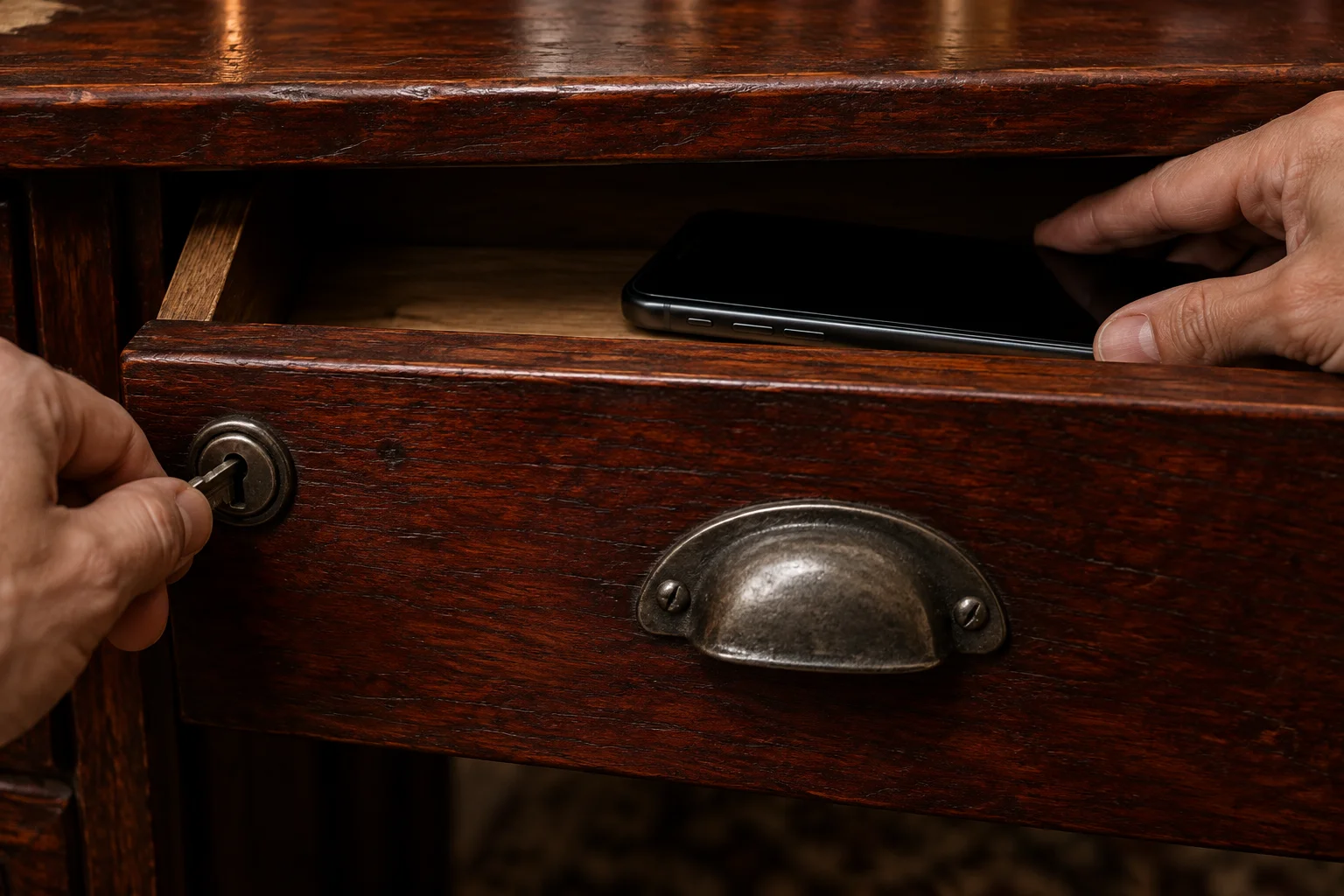 Hands place a phone inside a partly open wooden drawer with a key in its lock.