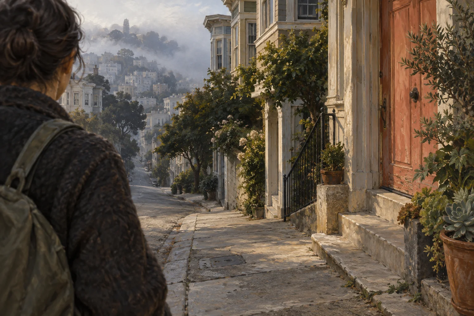 A walker looks down a steep San Francisco street toward mist-covered blocks.