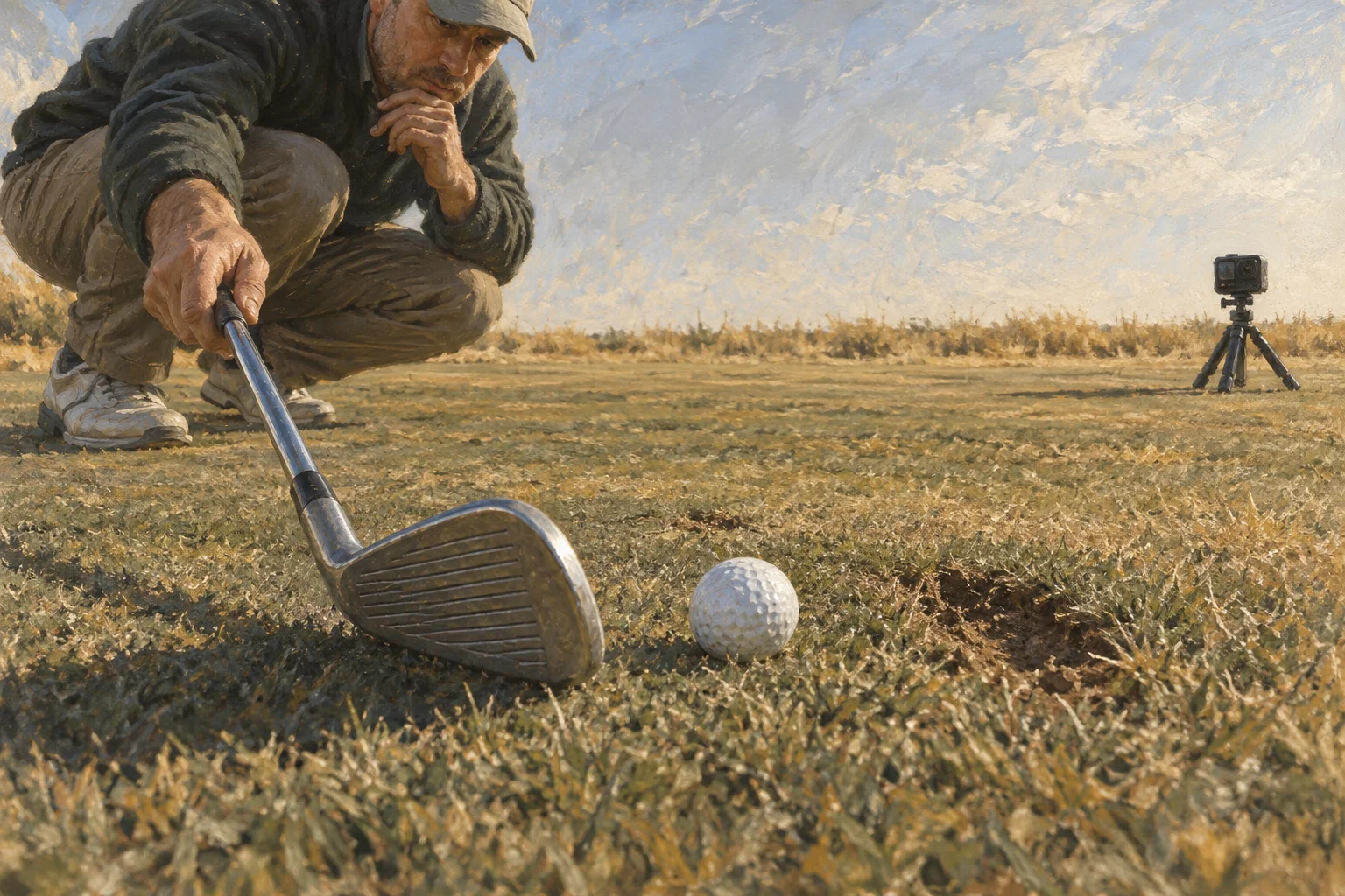 A golfer studies a divot and club angle on practice ground while a small camera stands nearby.