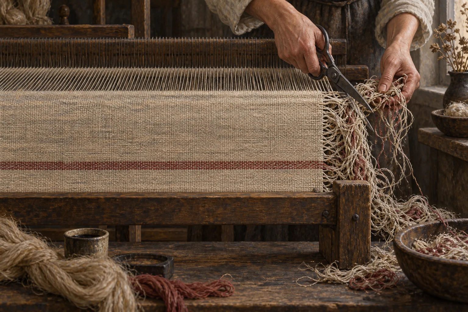A weaver trims a tangled fringe while leaving the sound length of woven cloth intact.