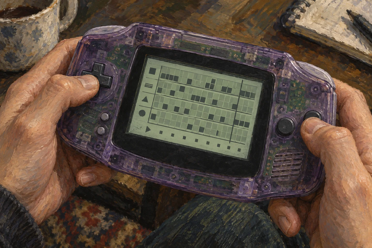 Hands use a translucent handheld game console displaying a small unlabelled homebrew sequencer.