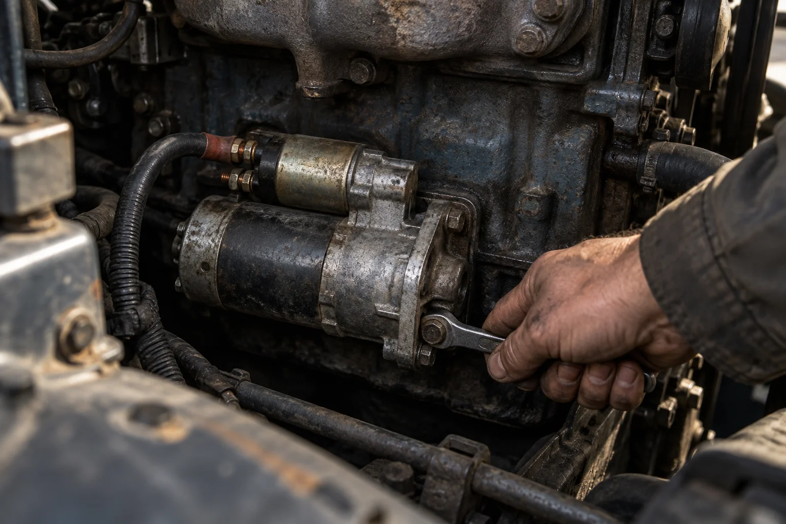 A mechanic secures a small starter motor beneath a larger engine block.