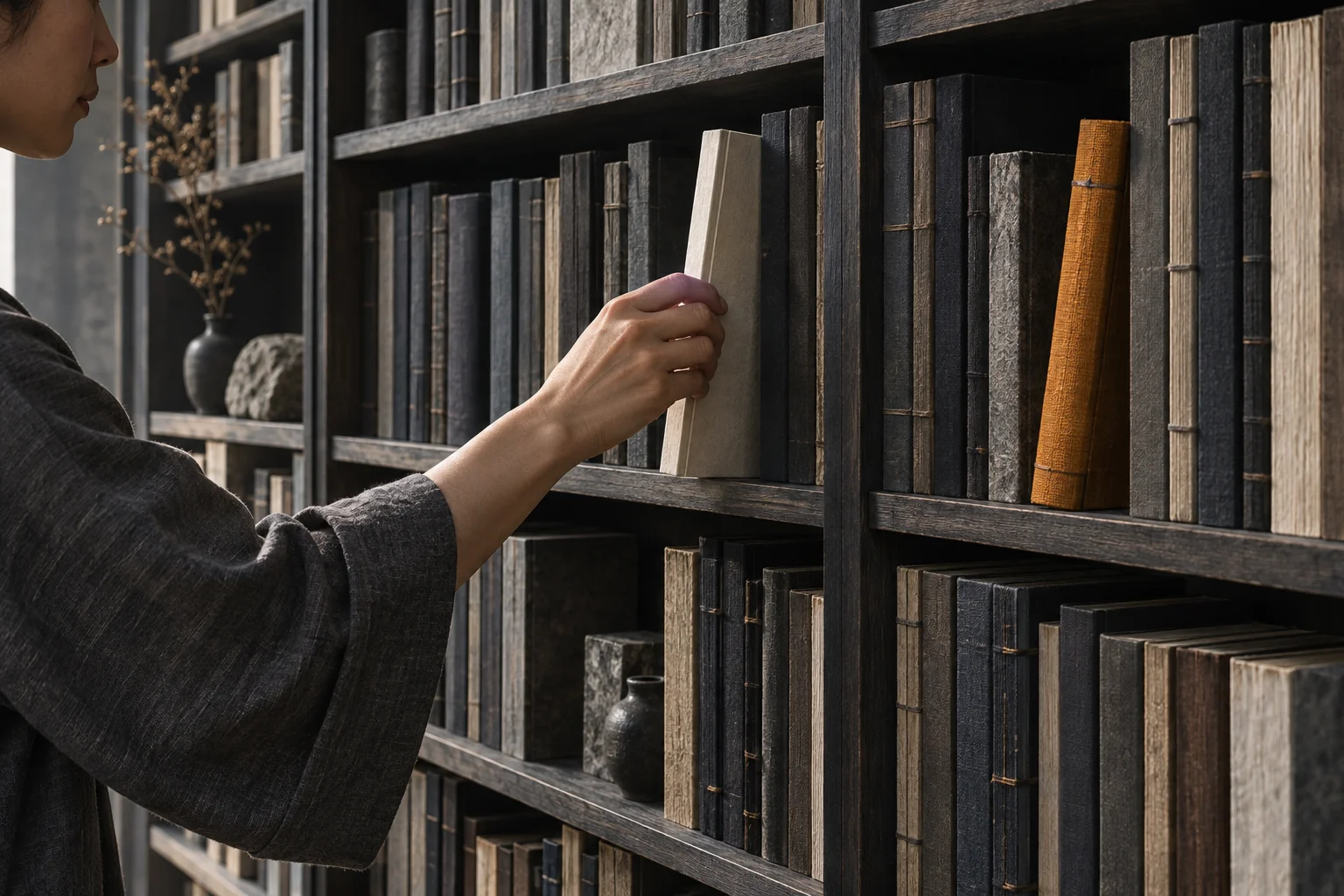 A hand draws one thin reference volume from a dense wall of books while the rest remain shelved.