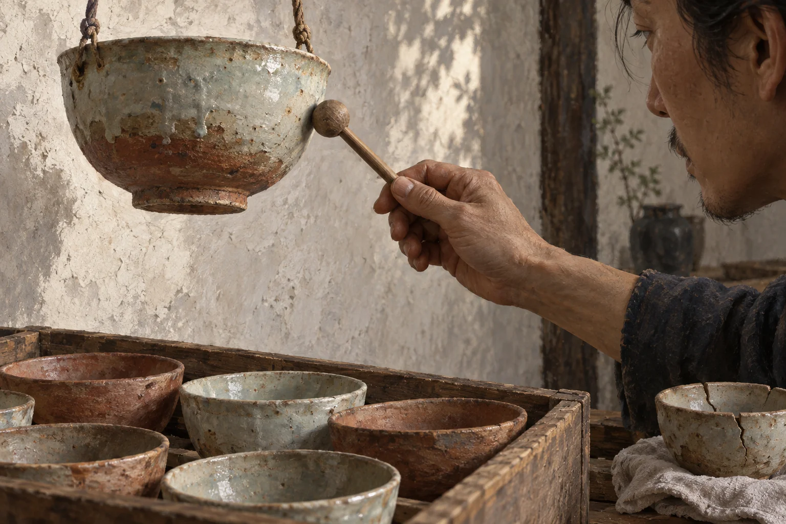 A potter listens while tapping a suspended fired bowl; other bowls wait below, and a cracked one lies apart.