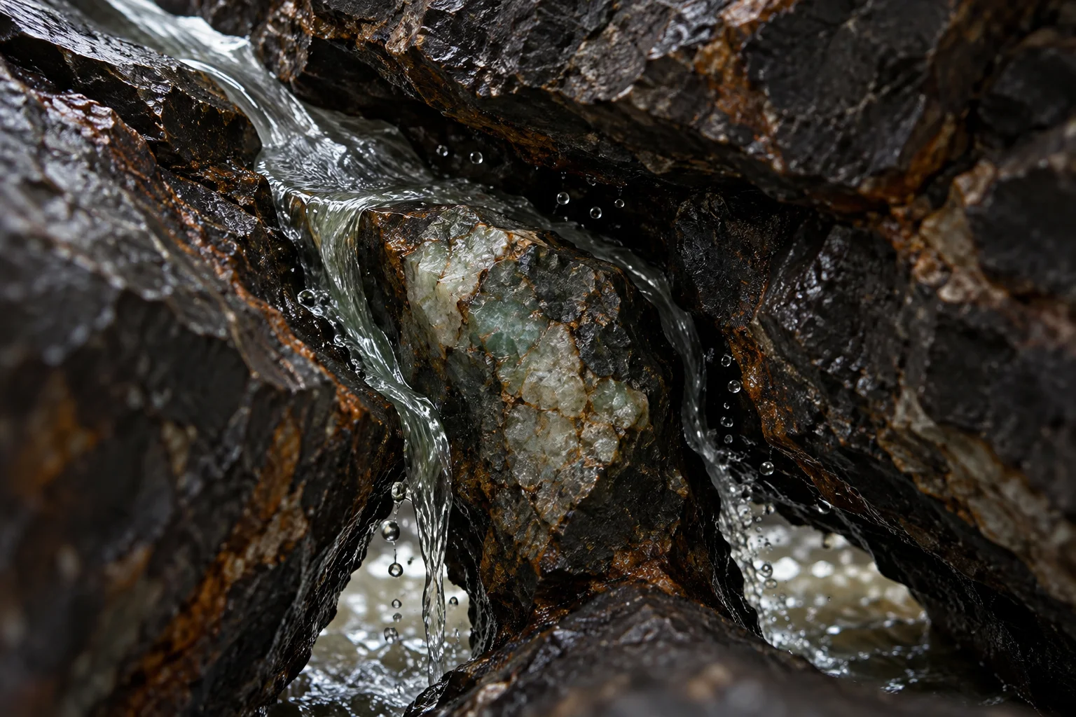 Water flows through a gap in dark stone and divides into two streams around a central obstruction.