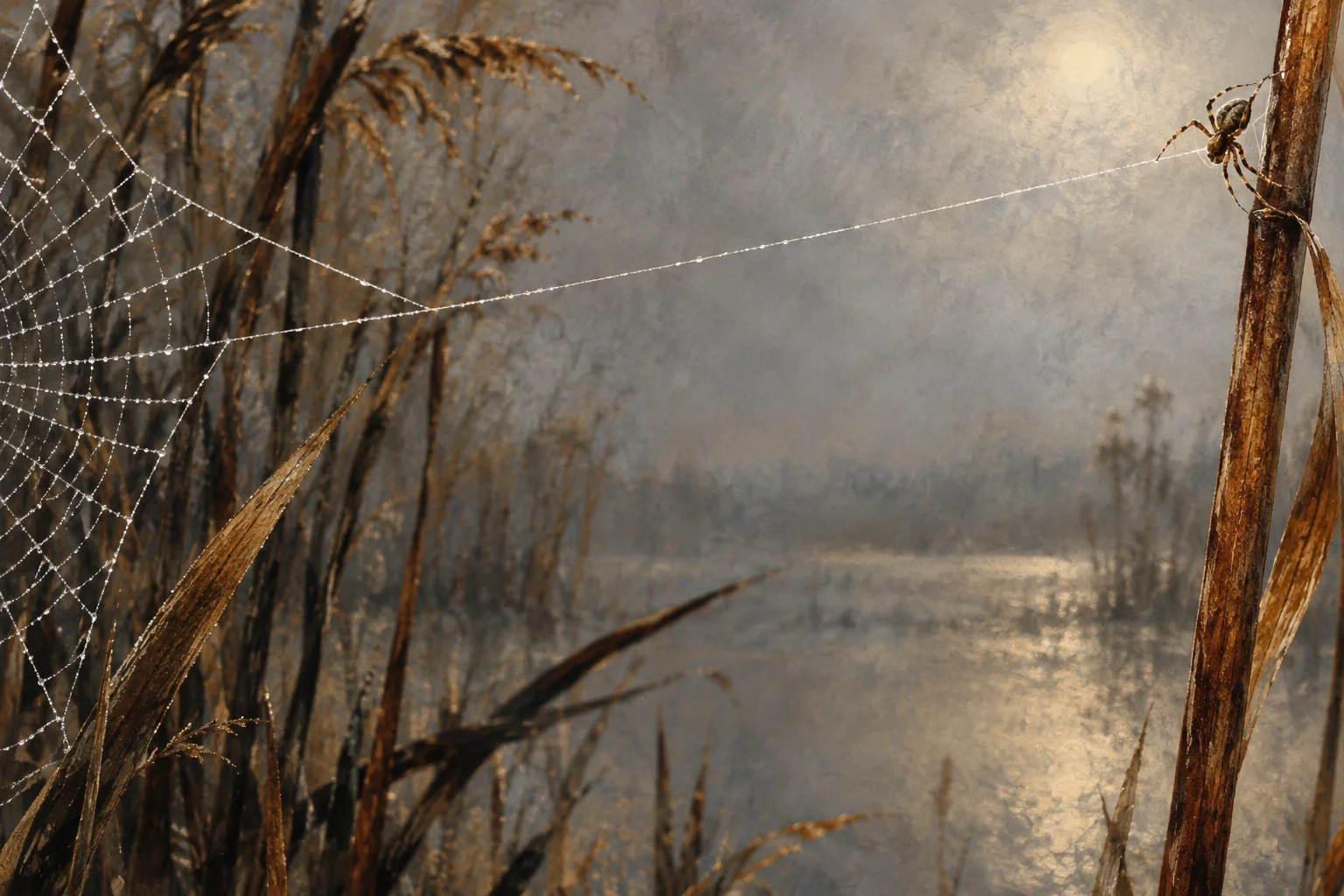A spider fastens a new strand from an existing web to a neighboring reed.