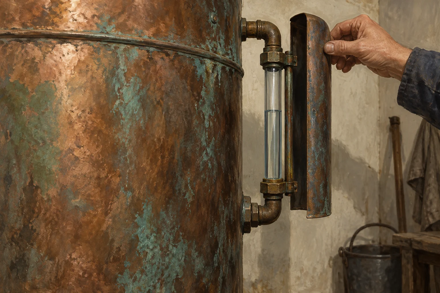 A hand opens a small cover beside an opaque tank, revealing water in a narrow sight glass.