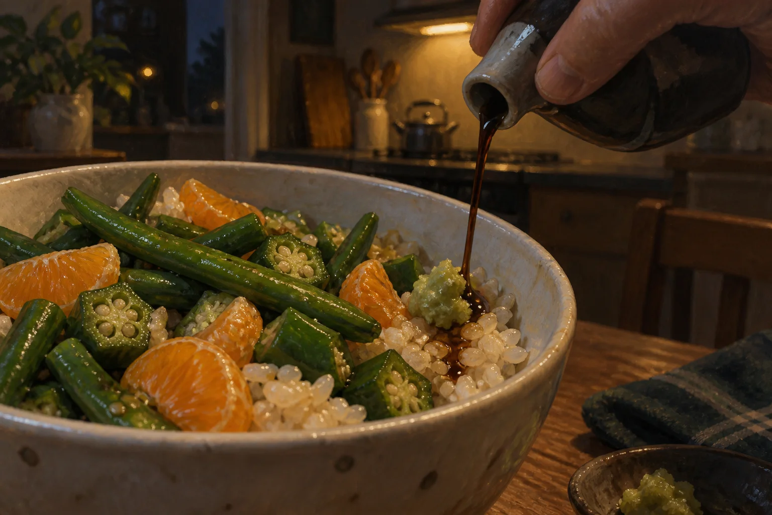 A hand seasons a late-night bowl of rice, green beans, okra and mandarin segments.