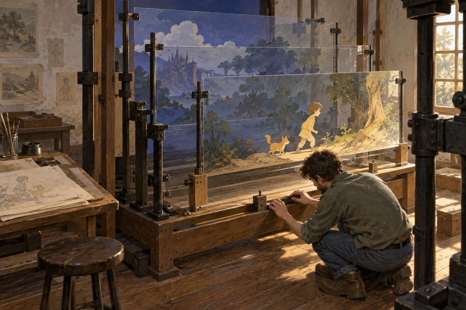 An animator adjusts a lower support in a layered animation stand while a foreground layer waits above it.