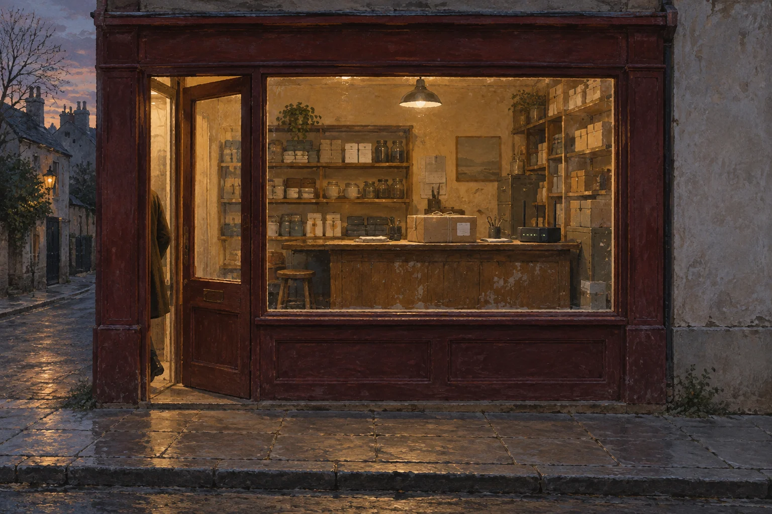 An illuminated shop contains inventory, a parcel and equipment, with a figure partly visible at the open doorway.