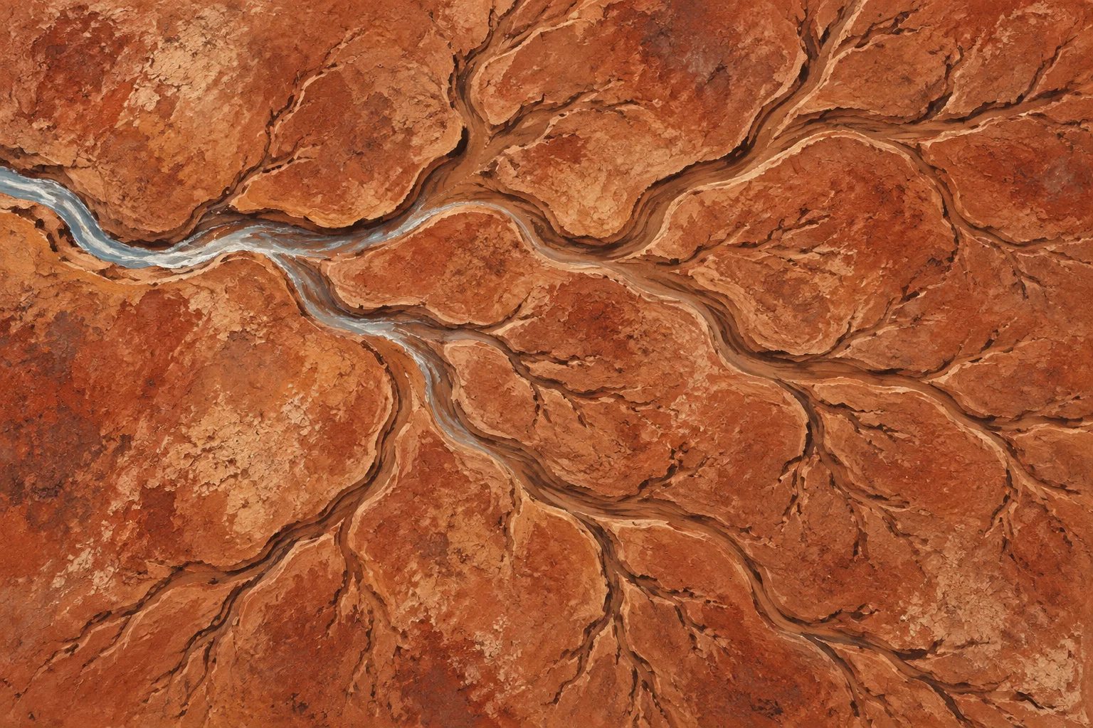 Seen directly overhead, fresh water enters a dry red-clay channel network and follows its existing branches.