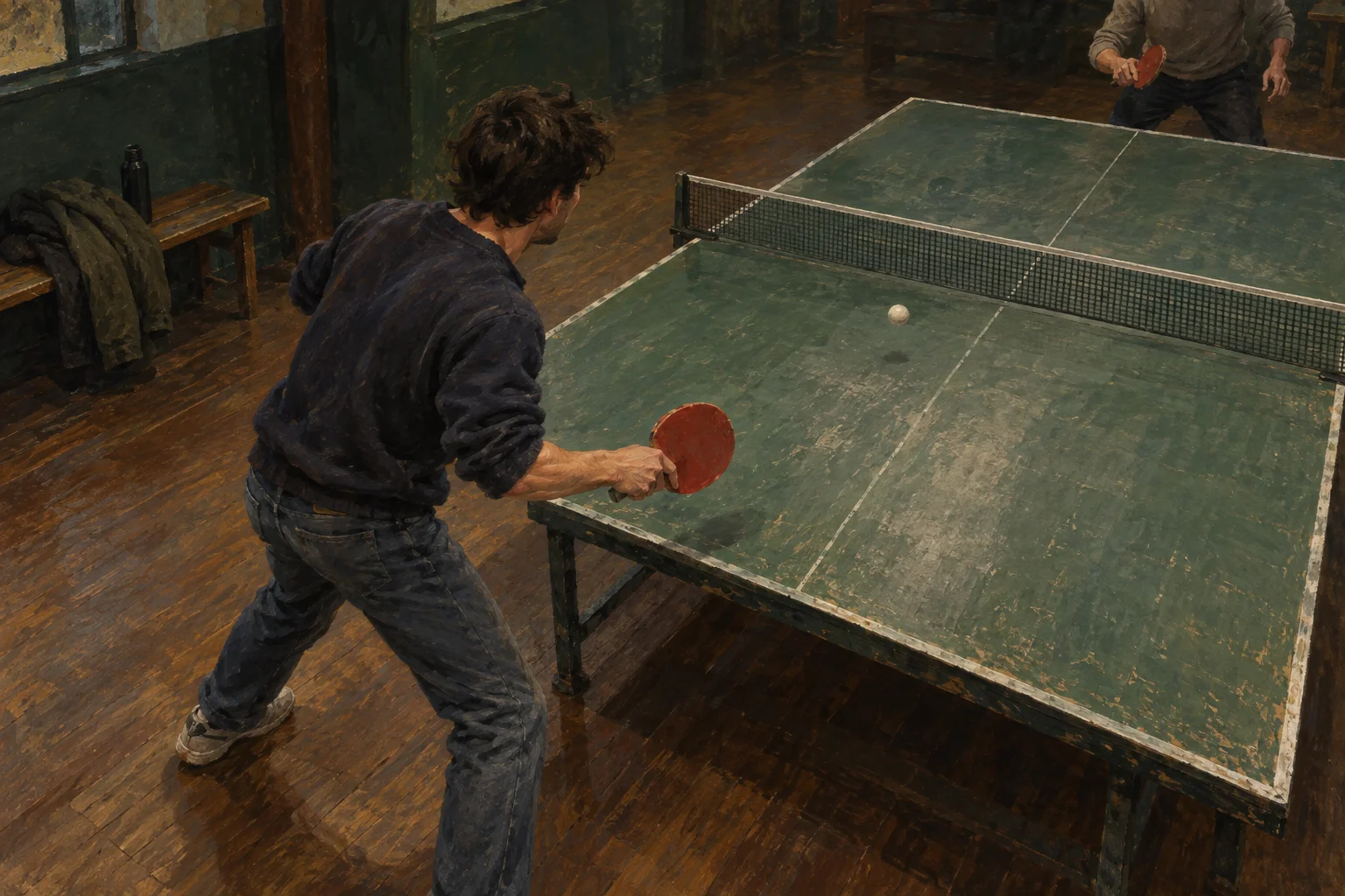 A novice leans into a table-tennis rally, with a coat left on a bench beside the playing area.