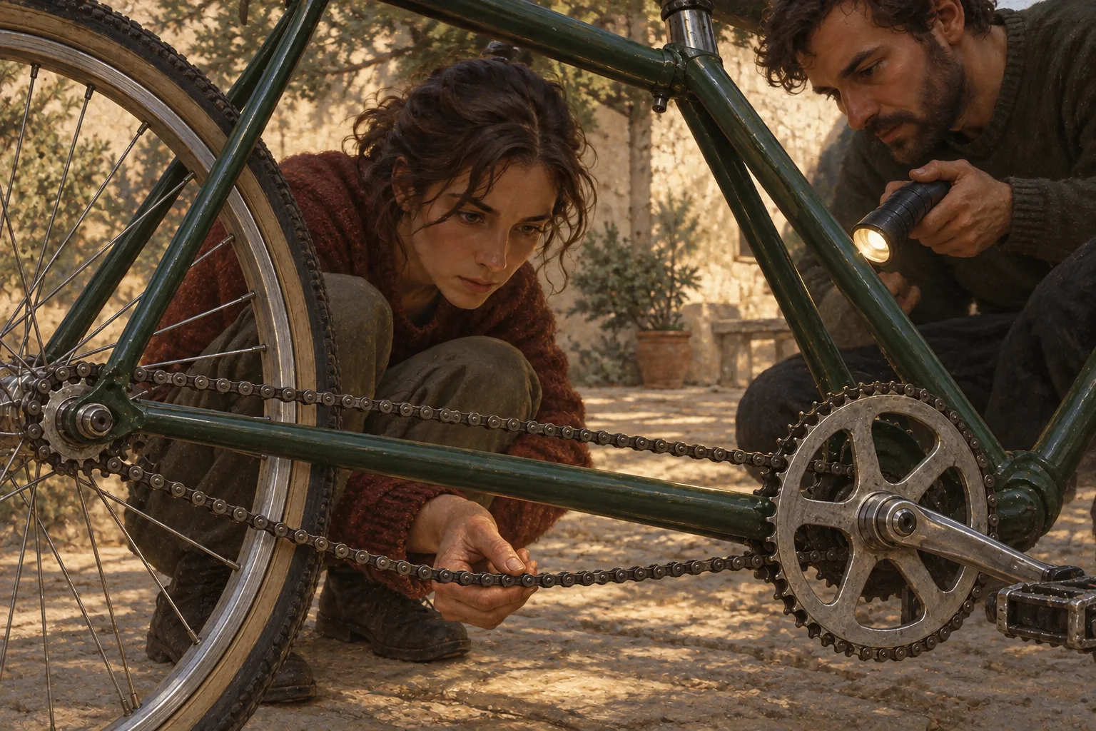 A rider holds a loose bicycle chain while a companion directs a light toward it.