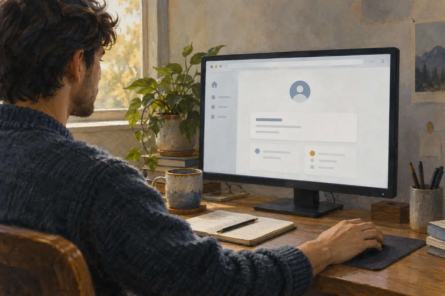 A developer examines a simple account page on a monitor in a quiet home workspace.