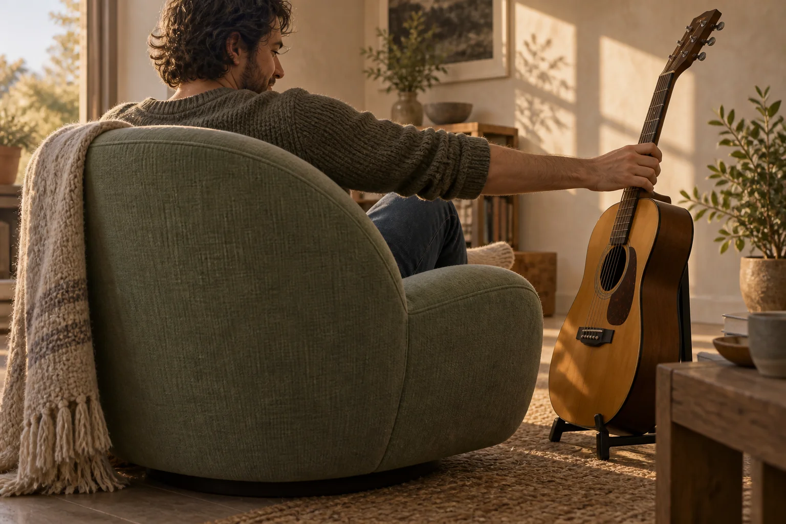 A person resting in a lounge chair reaches for an acoustic guitar placed close beside it.