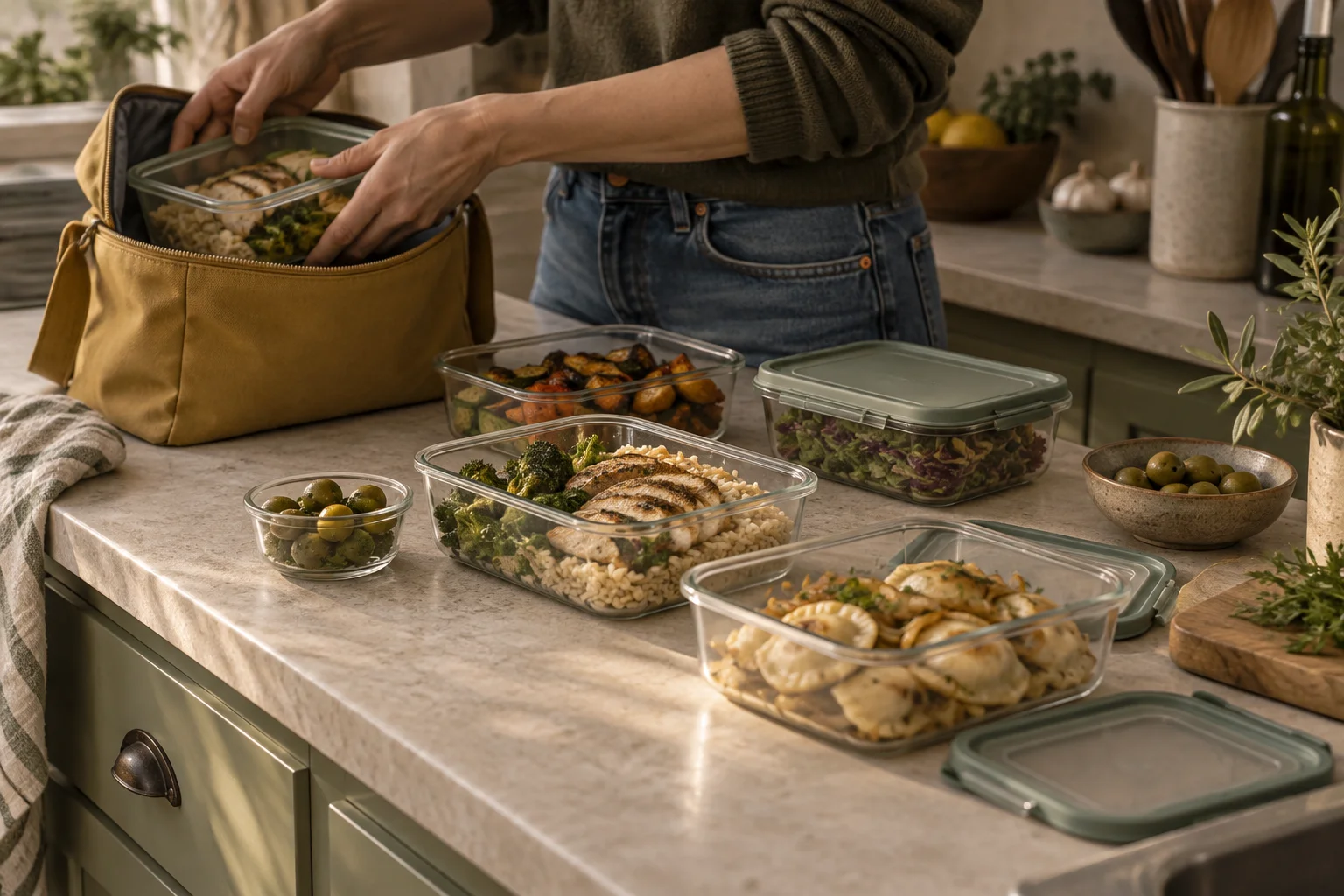 Hands pack prepared meal containers into a reusable lunch bag along a kitchen counter.