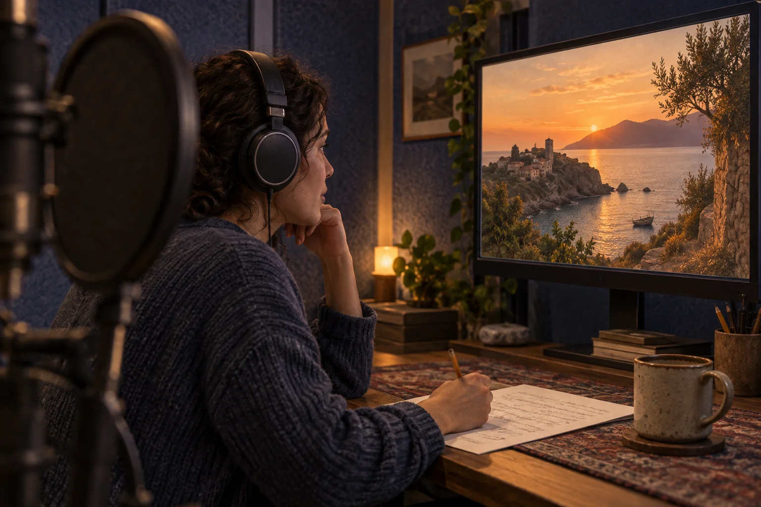 A narrator at a microphone watches a finished film scene while preparing a short script beneath it.