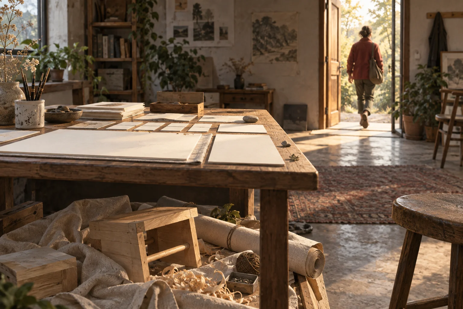 An organized planning table and untouched prototype remain behind as a person leaves for a walk.