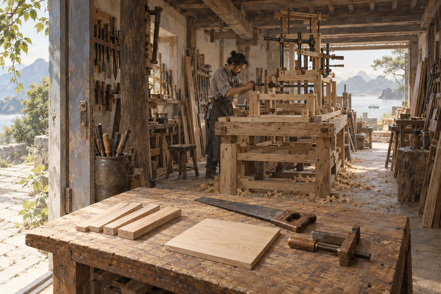A maker constructs nested support frames while the boards and tools for one small box wait at the doorway.
