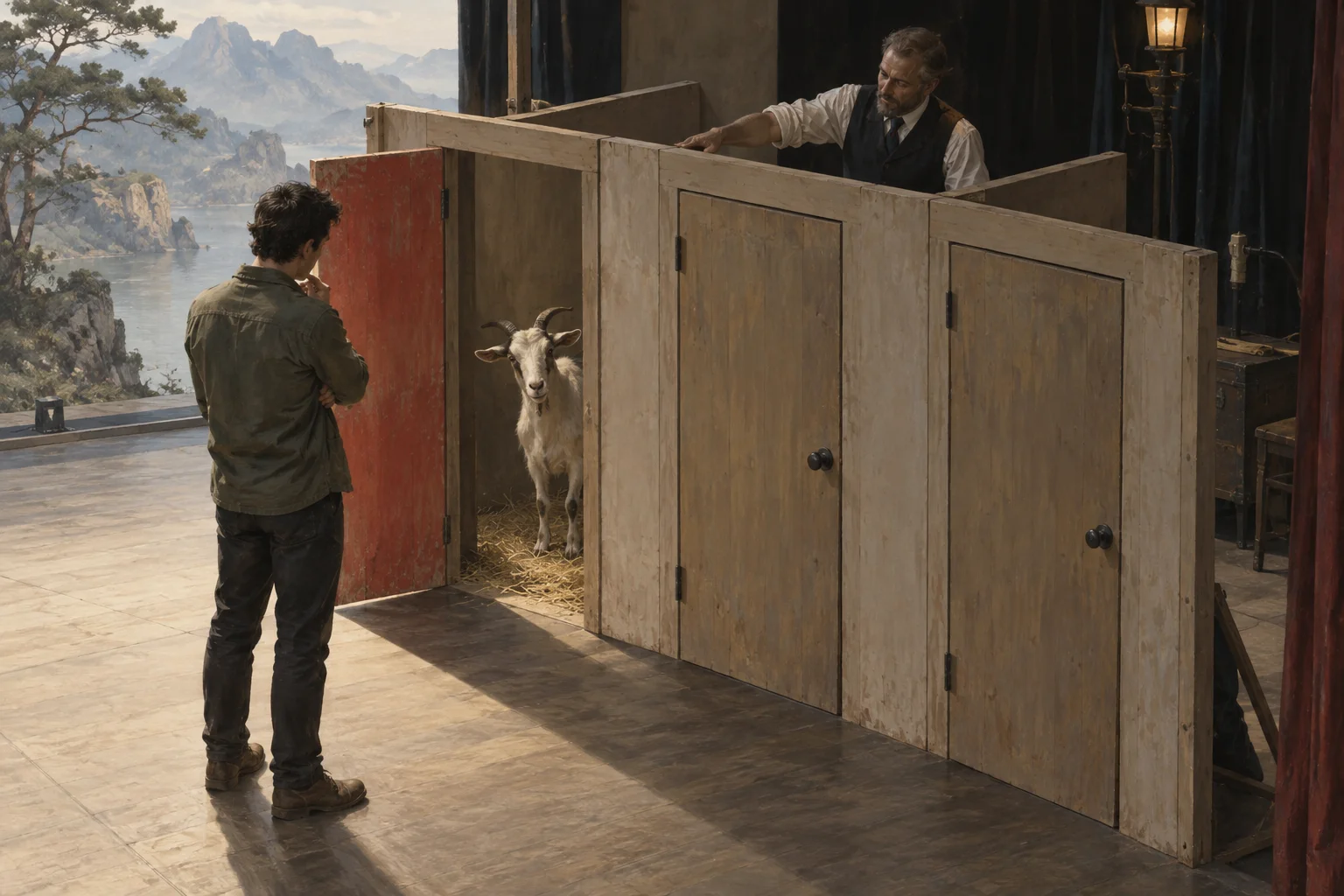 A host stands behind three stage compartments while a visitor faces one open door with a goat.