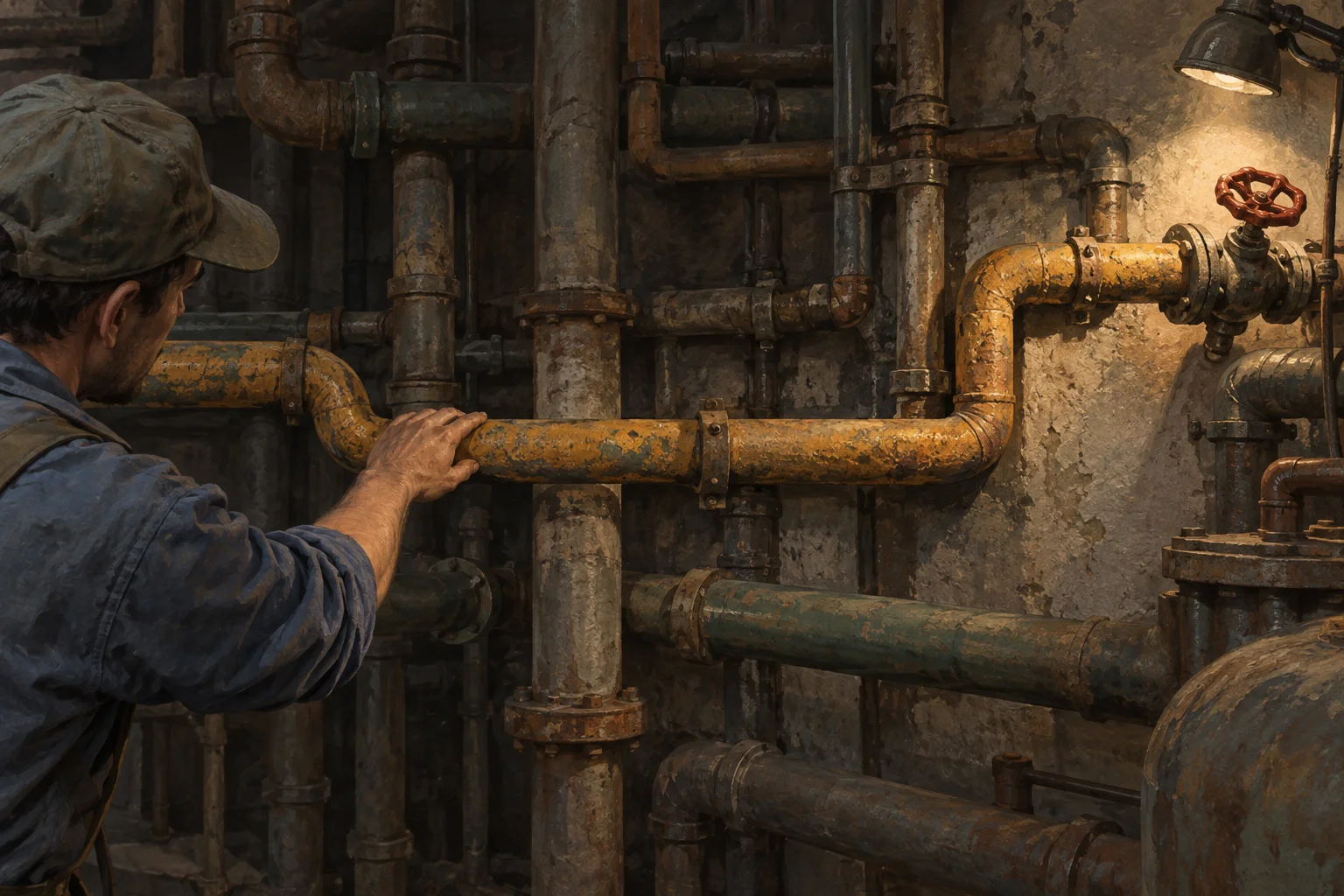 A worker follows one ochre pipe through branching plumbing to a red-handled valve.