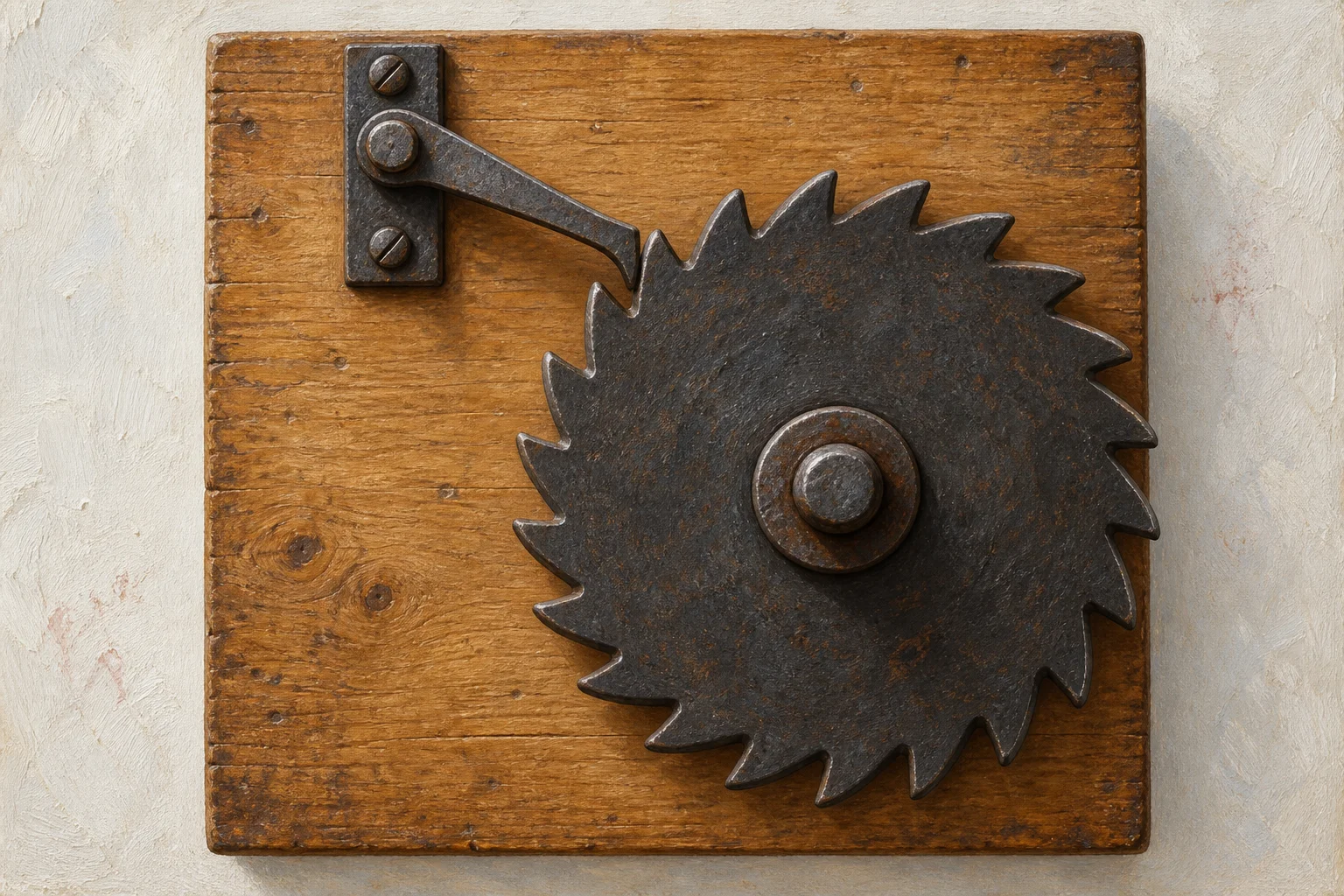 A ratchet wheel sits on a wooden backboard, with a pawl pivoted on a separate fixed bracket and its tip resting against a wheel tooth.