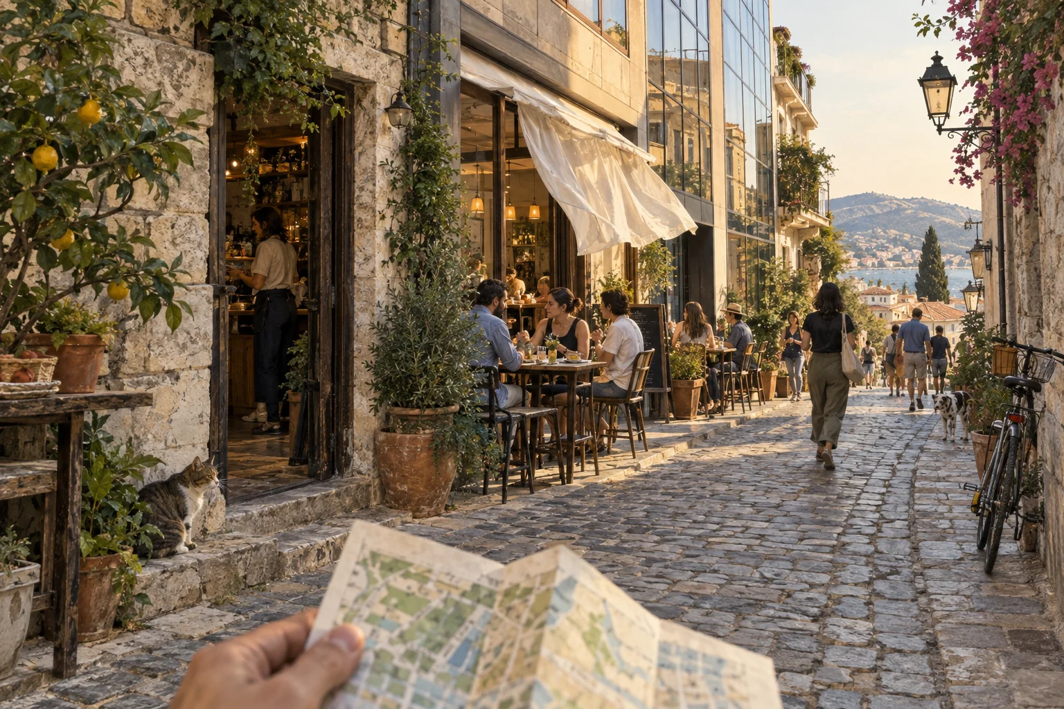 A walker experiences a layered city street of reflected light, moving curtains, and café life beyond a folded map.