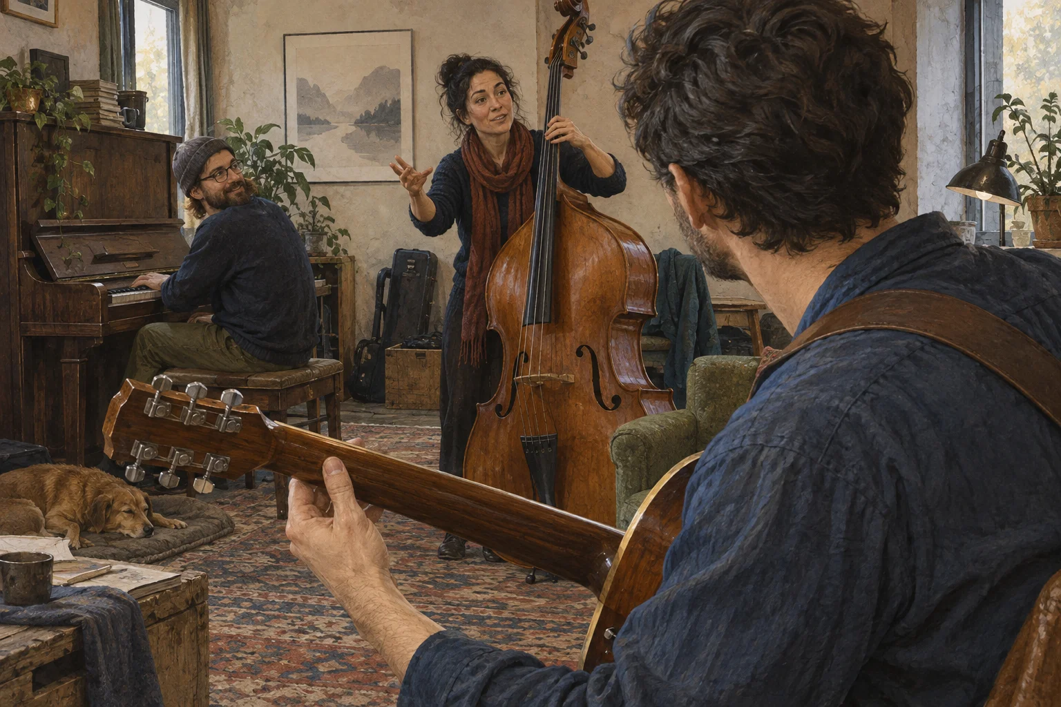 A guitarist holds a familiar chord while looking toward another musician in rehearsal.