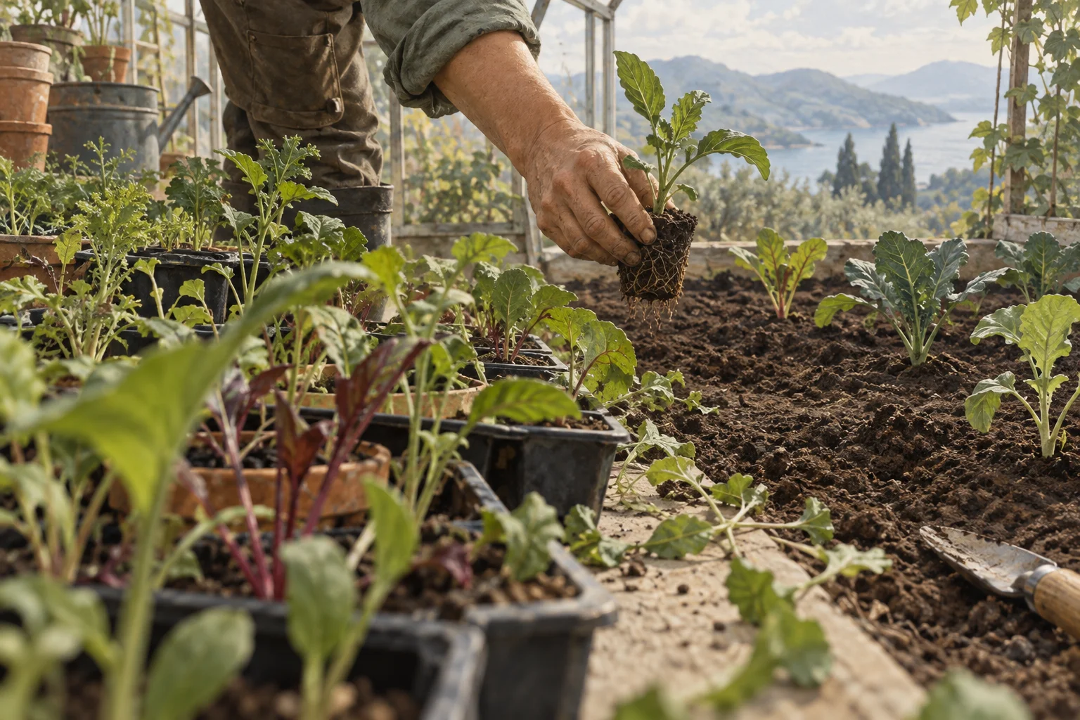 A gardener moves one young plant from a crowded propagation tray into a larger growing bed.