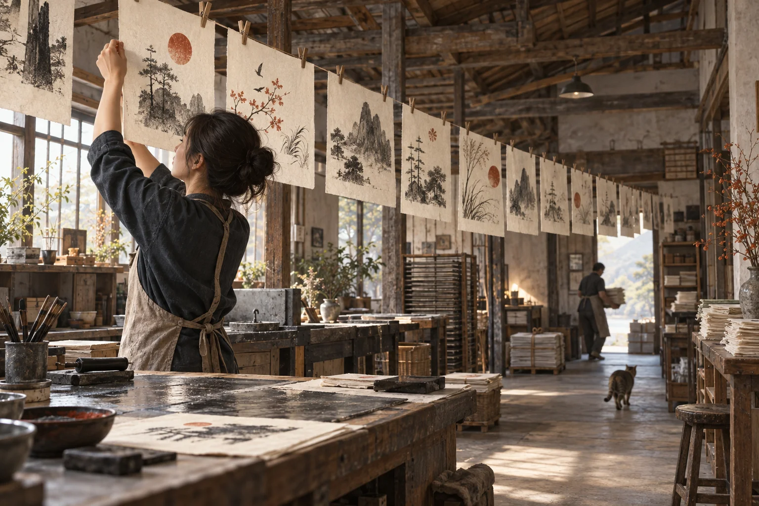Fresh illustrated sheets accumulate along a print studio’s drying line and into several outgoing bundles.