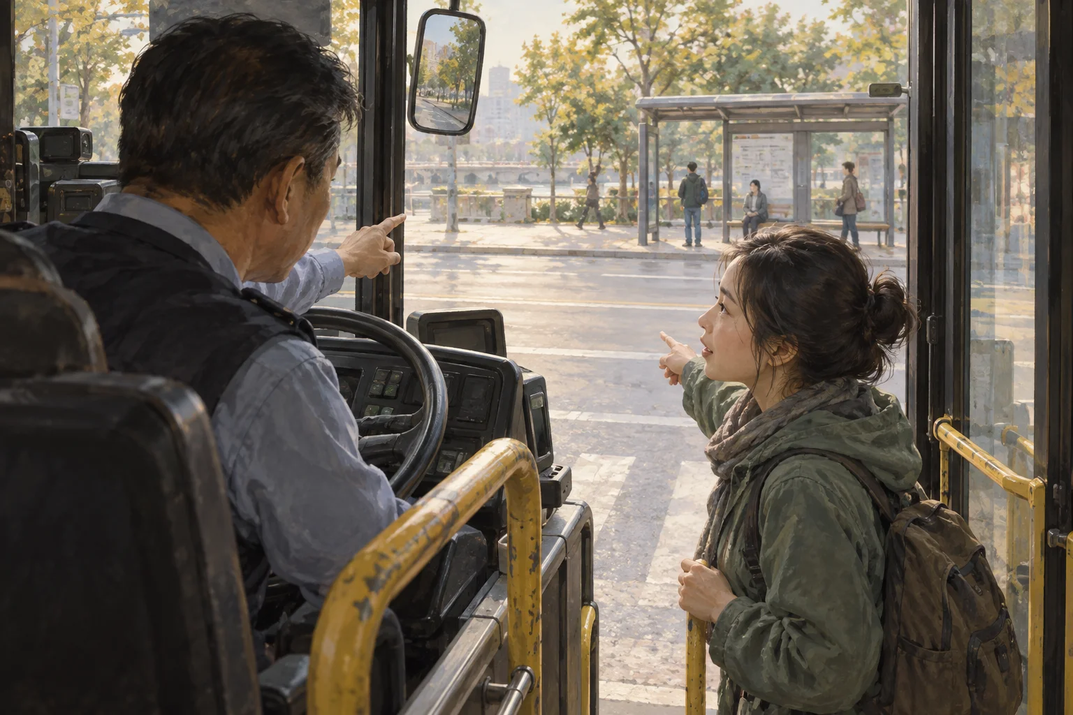 A traveler asks a bus driver a question at the open door, and the driver points toward the next stop.